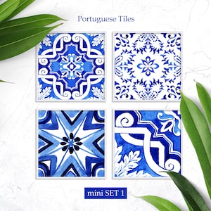Portugese tegels. Mozaïek talavera stencil aquarel clipart. Spaanse afdruk. Italiaans-Marokkaanse kunst aan de muur. Afdrukbare stickers Digitale download