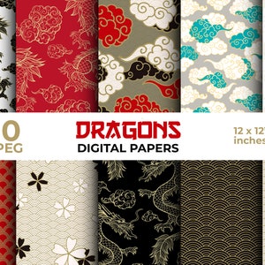 Chinese Dragon Digital Papers. Red and Beige Asian Traditional Seamless Patterns. Japanese Scrapbook Digital Download with Commercial Use