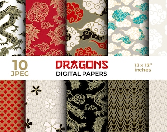 Chinese Dragon Digital Papers: Asian Scrapbook Patterns (Digital Download)