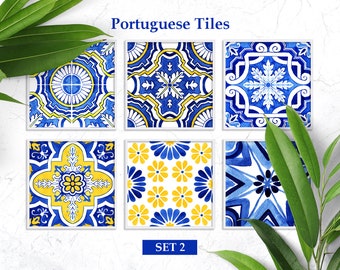 Portugese tegels handgeschilderde aquarel Clipart antieke Majolica afdrukbare muur kunst mozaïek SET2. Talavera Spaanse tegel digitale download kunst