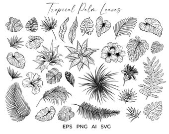 Tropical Summer Plants and Leaves Line Art Tattoo SVG Vector Bundle. Palm, Hibiscus Flower Sublimation PNG files. Drawing, Botanical Clipart