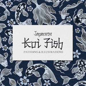 Puede incluir: Un patrón sin costuras que presenta peces Koi japoneses en un esquema de color azul y blanco. El patrón incluye peces Koi estilizados, algas marinas y flores de cerezo. El texto "Japanese Koi Fish Patterns & Illustrations" se muestra en un rectángulo blanco.