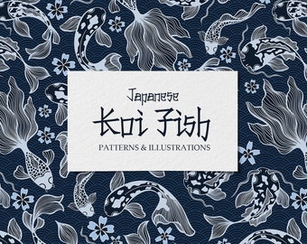 Japanese Carp Koi Fish vector seamless patterns, asian digital papers and logo design elements with commercial use. Instant Download