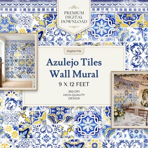May include: A digital file for an Azulejo tiles wall mural measuring 9 x 12 feet. The design features a repeating pattern of blue, white, and yellow floral and geometric motifs. Text includes Premium Digital Download, Digital File, and 300 DPI.