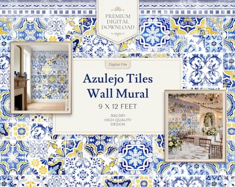 Azulejo Tiles Wall Mural Extra Large Watercolor Portuguese Mosaic Print for Mediterranean Wedding Digital Download 9 x 12 Feet JPEG