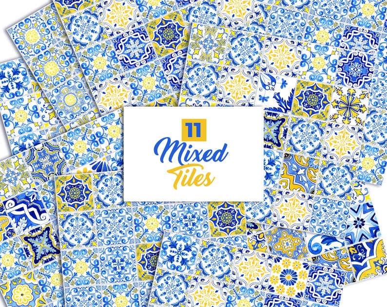 Portuguese Tiles Digital Paper. Azulejo Tile for Sublimation, Mosaic Spanish Majolica Scrapbook Paper. SET2 Digital Download image 3