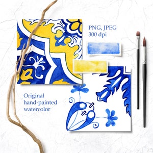 May include: Two watercolor illustrations of blue and yellow Portuguese tiles with intricate floral patterns. The tiles are on a white background with a wooden branch and paintbrushes.
