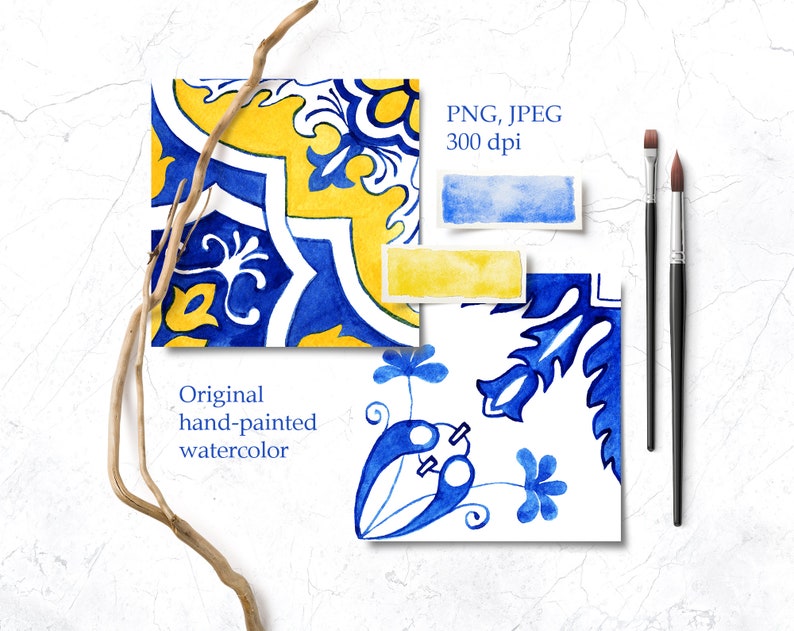 May include: Two watercolor illustrations of blue and yellow Portuguese tiles with intricate floral patterns. The tiles are on a white background with a wooden branch and paintbrushes.