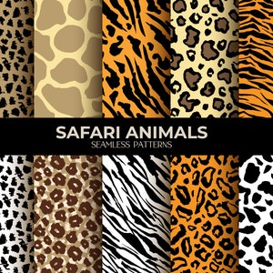 May include: A set of 10 seamless patterns featuring various animal prints, including leopard, zebra, giraffe, and tiger. The patterns are in black, white, brown, orange, and yellow.