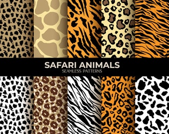 Seamless Safari Animal Print Digital Paper: White Tiger Patterns Leopard Hand Drawn Textures, Zebra, Giraffe Skin, JPEG EPS, Set 3