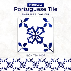 Portuguese Tile for Printable Wall Decal. Azulejo Tile and a Long Stripe with Tile Repeat for Stencil. Watercolor Clipart. Instant Download