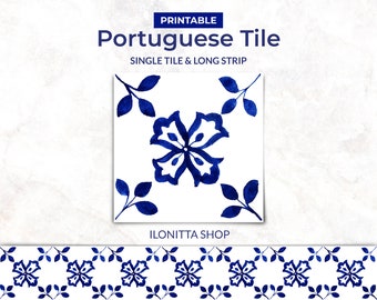 Portuguese Tile Clipart: Watercolor Azulejo Tile, Printable Mediterranean Stripe for Long Decal, Peel Stick Design JPEG, DIGITAL Download