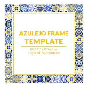 Mosaic Tiles Photo Frame, Square Azulejo Postcard Template PSD. Frame Clipart PNG, Photo Frame Clipart. Watercolor Clipart, Instant Download image 2