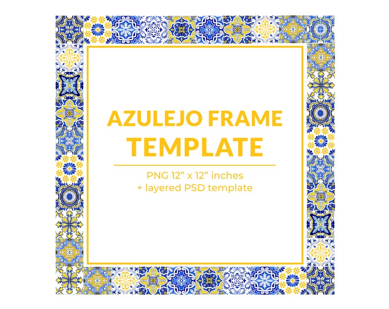 Mosaic Tiles Photo Frame, Square Azulejo Postcard Template PSD. Frame Clipart PNG, Photo Frame Clipart. Watercolor Clipart, Instant Download image 2