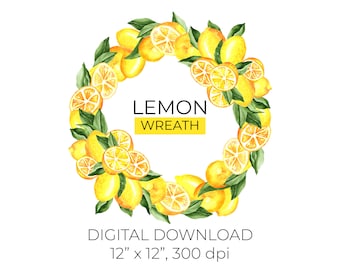 Watercolor Lemon Wreath Clipart | Hand-Drawn Citrus Frame PNG | Digital Download Art