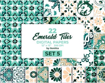 Green Emerald Azulejo Tiles - Seamless Patterns SET 5, Mediterranean Digital Papers - Portuguese Mosaic Digital Download, Talavera Stencil