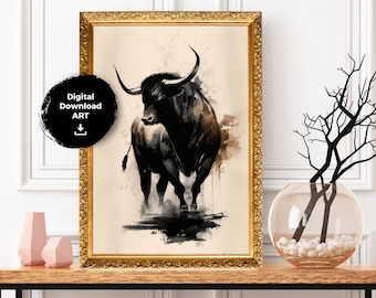 Japanese Painting Bull Wall Decor Asian Vintage Print, Printable Wall Art Print Commercial License Digital Download Sumi-e Large Scale