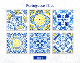 Watercolor Azulejo Portuguese Tiles Clipart Digital Watercolor SET 8. Digital Download Art