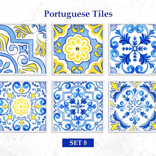 Watercolor Azulejo Portuguese Tiles Clipart Digital Watercolor SET 8. Digital Download Art