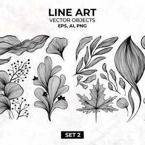 Botanical Line Art Clipart, Contour Line Drawing Waves. Czarno-białe elementy wektorowe projektu floral line art. Wydruki do użytku komercyjnego. ZESTAW 2