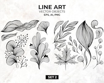 Botanical Line Art Clipart | Wavy Vector Flower | Nature Line Drawing Black & White Floral Design Elements Artistic Calligraphic SET2