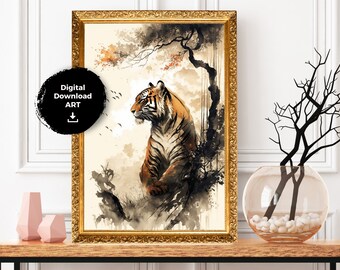 Japanese Painting Tiger Wall Decor Asian Vintage Print, Printable Wall Art Print Commercial License Digital Download Sumi-e Large Scale