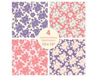 Pink and Purple Floral Seamless Patterns set  - 4 Digital papers for sublimation designs