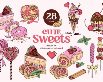 Pink Cute Retro Sweets Clipart PNG Cake, Ice Cream, Chocolate Bar for Sublimation or Scrapbook, Valentines Day Love Hearts