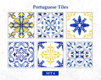 Portuguese Tile Stickers Digital Print. Spanish Tiles Printable Wall Art for Farmhouse Decor. Watercolor Clipart SET6.