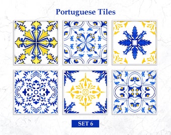 Portuguese Tile Stickers: Blue & Yellow Watercolor Art (Digital Print)