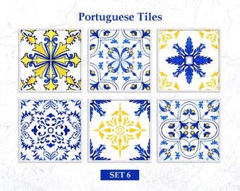 Portugese tegelstickers digitale print. Spaanse tegels afdrukbare muurkunst voor het decor van de boerderij. Aquarel Clipart SET6.