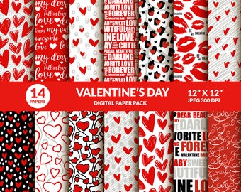 Valentine's Day Digital Paper: Hearts, Lips, Scribbles (Digital Download)
