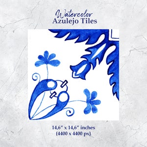 May include: A blue and white watercolor tile with a floral design. The tile is 14.6 inches by 14.6 inches and is 4400 pixels by 4400 pixels.