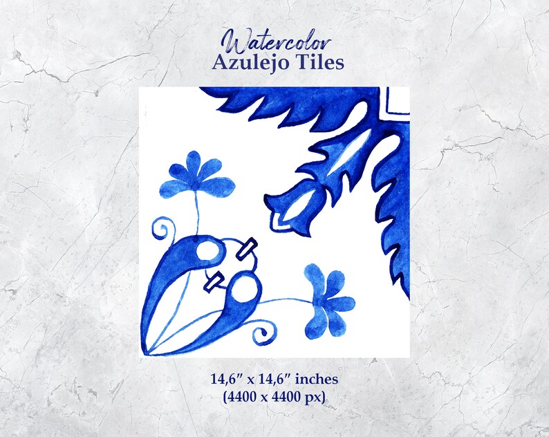 May include: A blue and white watercolor tile with a floral design. The tile is 14.6 inches by 14.6 inches and is 4400 pixels by 4400 pixels.