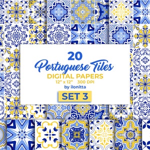 Portuguese Tiles Digital Paper. Azulejo Tile for Sublimation, Mosaic Spanish Majolica Scrapbook Paper. SET3 Digital Download image 1