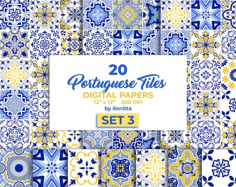 Portuguese Tiles Digital Paper. Azulejo Tile for Sublimation, Mosaic Spanish Majolica Scrapbook Paper. SET3 - Digital Download