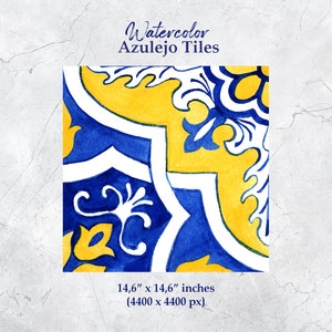 May include: Watercolor painting of a blue and yellow azulejo tile with a geometric pattern. The tile is 14.6 inches by 14.6 inches and has a resolution of 4400 by 4400 pixels.