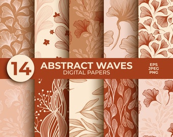 Earth Tone Floral Digital Paper, Beige Boho Wavy Seamless Pattern, Brown Minimalist Line Art Wallpaper Vector Background. Instant Download