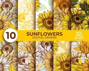 Sunflower Digital Paper Pack Thanksgiving Autumn Backgrounds Floral Seamless Pattern Vector Images for Scrapbook or Fabric Design