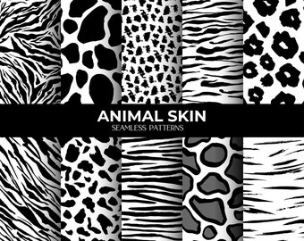 Safari Animal Print Seamless Patterns: Black and White Cow, Zebra, Tiger Vector Digital Papers (Digital Download)