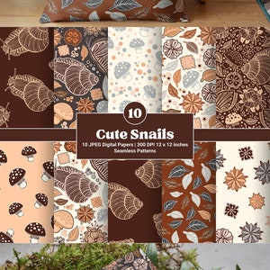 Schnecken Hand gezeichnet niedliche digitale Papiere für Scrapbook, Stoff Textil. Line Art Schmetterling, Blumen und Waldblätter JPEG Seamless Patterns