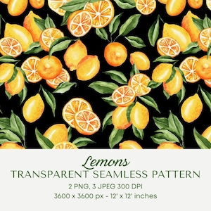 Lemon Seamless Pattern Premium Watercolor Digital Paper PNG Transparent Repeat Digital Paper. JPEG Citrus Lemons Leaves. INSTANT Download