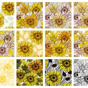Puede incluir: Una colecci&oacute;n de doce ilustraciones de girasoles en varios estilos. Las im&aacute;genes muestran girasoles con p&eacute;talos amarillos y centros marrones, acompa&ntilde;ados de hojas verdes y marrones. Algunos dise&ntilde;os presentan un fondo blanco, mientras que otros tienen fondos estampados o coloreados.