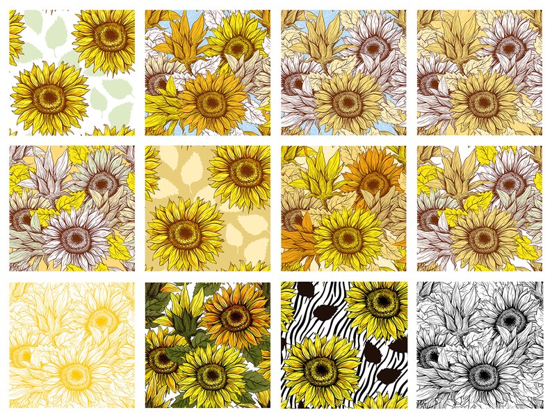 Puede incluir: Una colecci&oacute;n de doce ilustraciones de girasoles en varios estilos. Las im&aacute;genes muestran girasoles con p&eacute;talos amarillos y centros marrones, acompa&ntilde;ados de hojas verdes y marrones. Algunos dise&ntilde;os presentan un fondo blanco, mientras que otros tienen fondos estampados o coloreados.