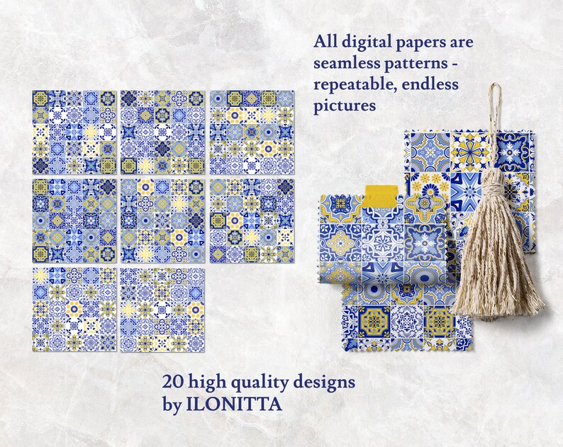 Portuguese Tiles Digital Paper. Azulejo Tile for Sublimation, Mosaic Spanish Majolica Scrapbook Paper. SET3 Digital Download image 4