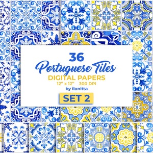 Portuguese Tiles Digital Paper. Azulejo Tile for Sublimation, Mosaic Spanish Majolica Scrapbook Paper. SET2 Digital Download image 1