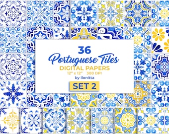 Portuguese Tiles Digital Paper. Azulejo Tile for Sublimation, Mosaic Spanish Majolica Scrapbook Paper. SET2 - Digital Download