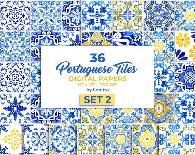 Portuguese Tiles Digital Paper. Azulejo Tile for Sublimation, Mosaic Spanish Majolica Scrapbook Paper. SET2 Digital Download image 1