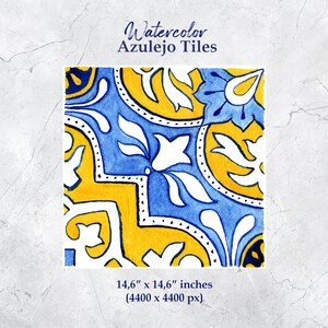 May include: A watercolor painting of a blue and yellow azulejo tile with a floral pattern. The tile is 14.6 inches by 14.6 inches and has a resolution of 4400 by 4400 pixels.