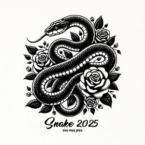 Cobra com Rosas Tatuagem SVG Floral Clipart, Line Art Floral Design para Arte de Parede, Decalques, Impressões, Sublimação PNG. Download Digital Vetorial